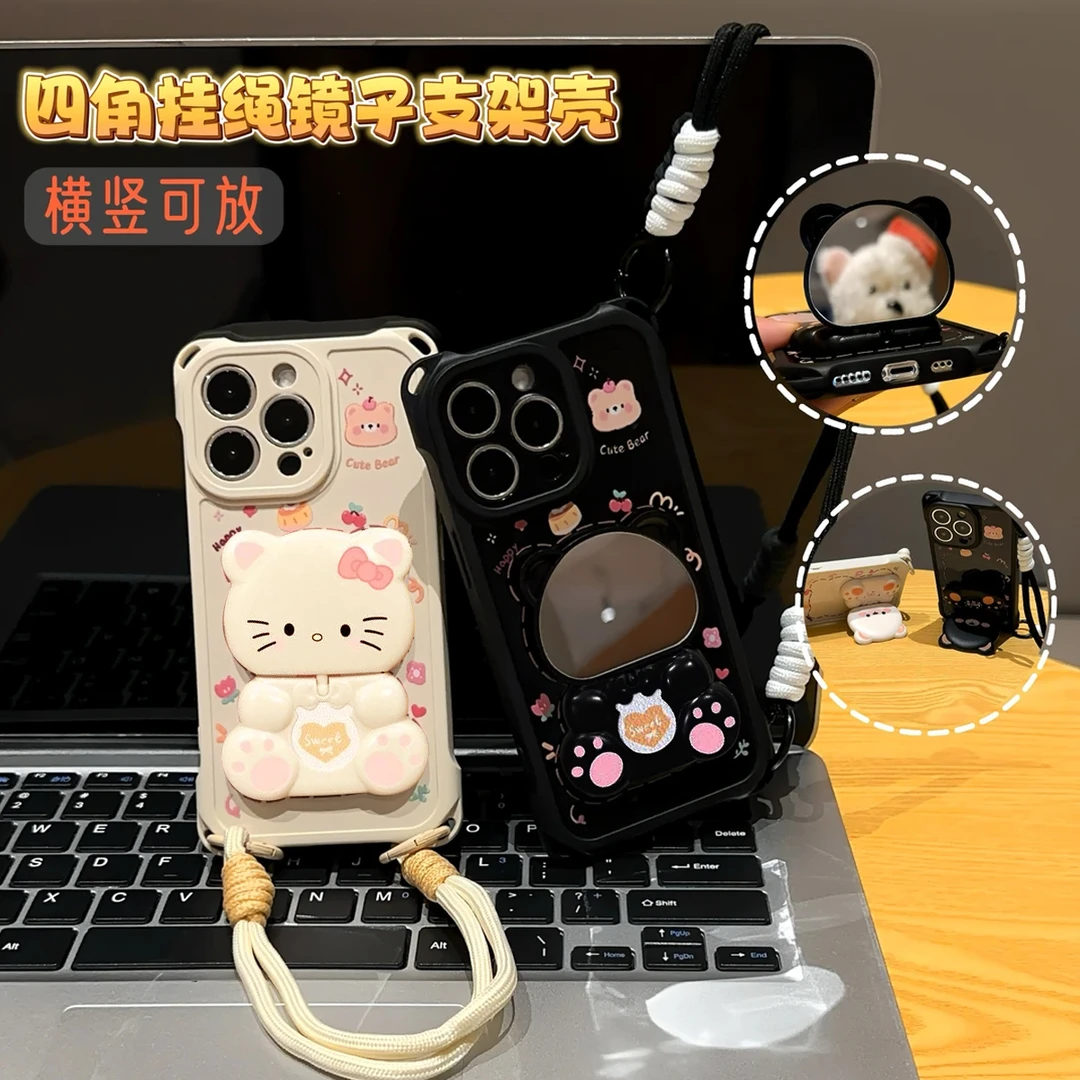 猫咪挂绳镜子支架适用iPhone14苹果16手机壳华为vivoppo小米15
