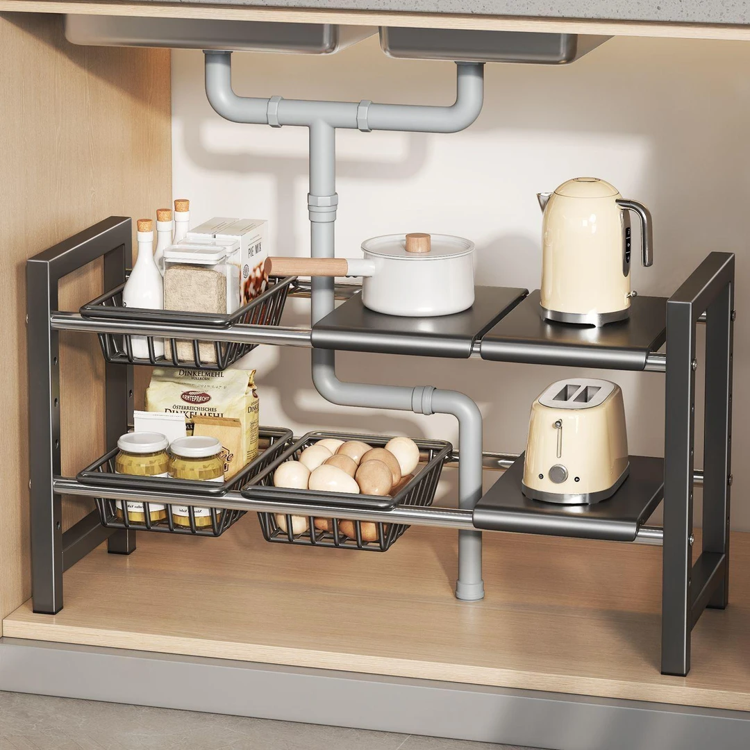 居厨厨可伸缩厨房置物架分层下水槽置物架隔板收纳架伸缩不锈钢管