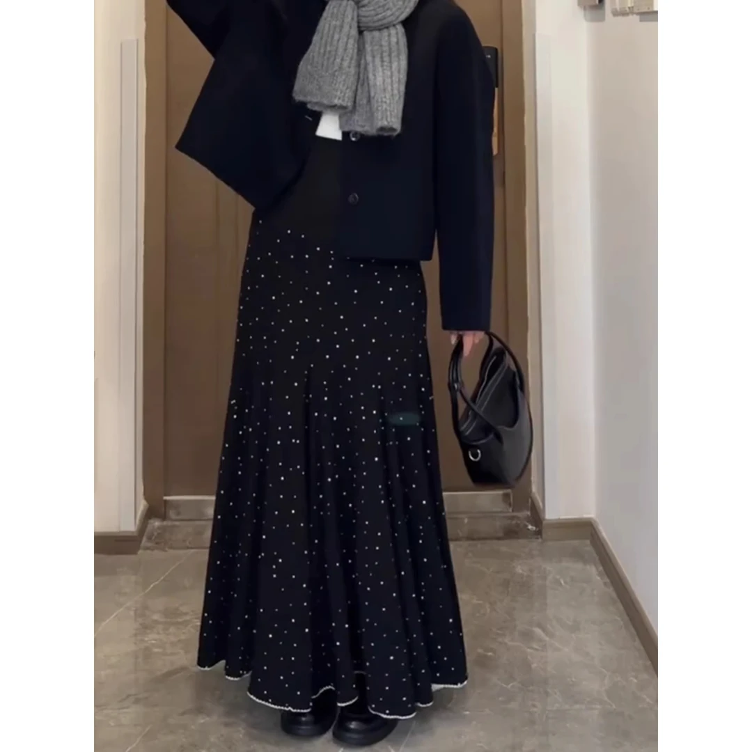 黑色波点超好看冬装半身裙鱼尾大摆长款大码女新款梨形伯克利裙子