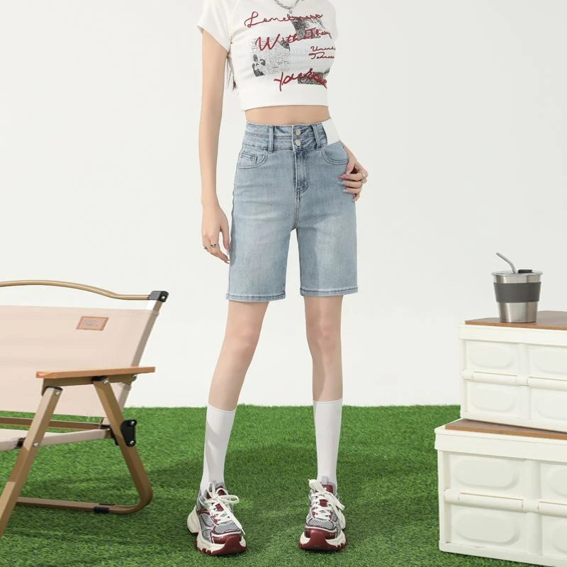 【木木夕】2025夏季新款弹力牛仔五分裤宽松显瘦直筒高腰女款短裤子
