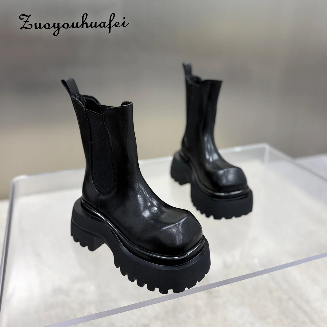 【左右华菲】7.5大头厚底英伦风烟筒女款秋冬时装加绒显瘦切尔西靴