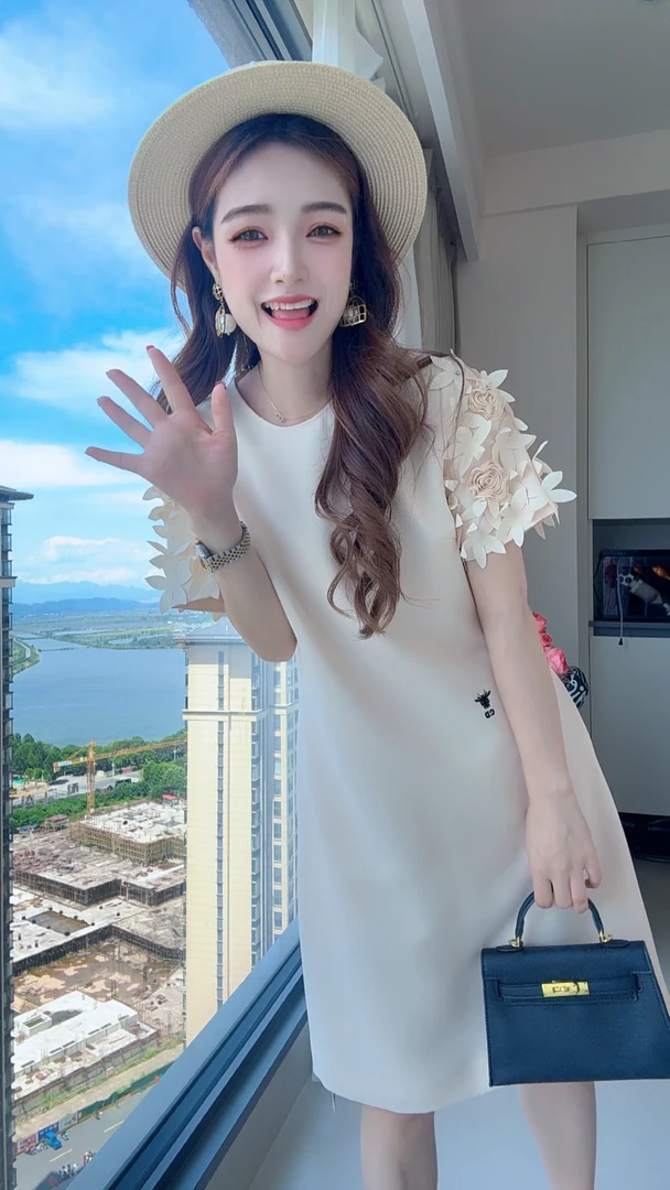 【罗马艺术】高级定制款手工拉花的千金财阀风显瘦又高级连衣裙3338