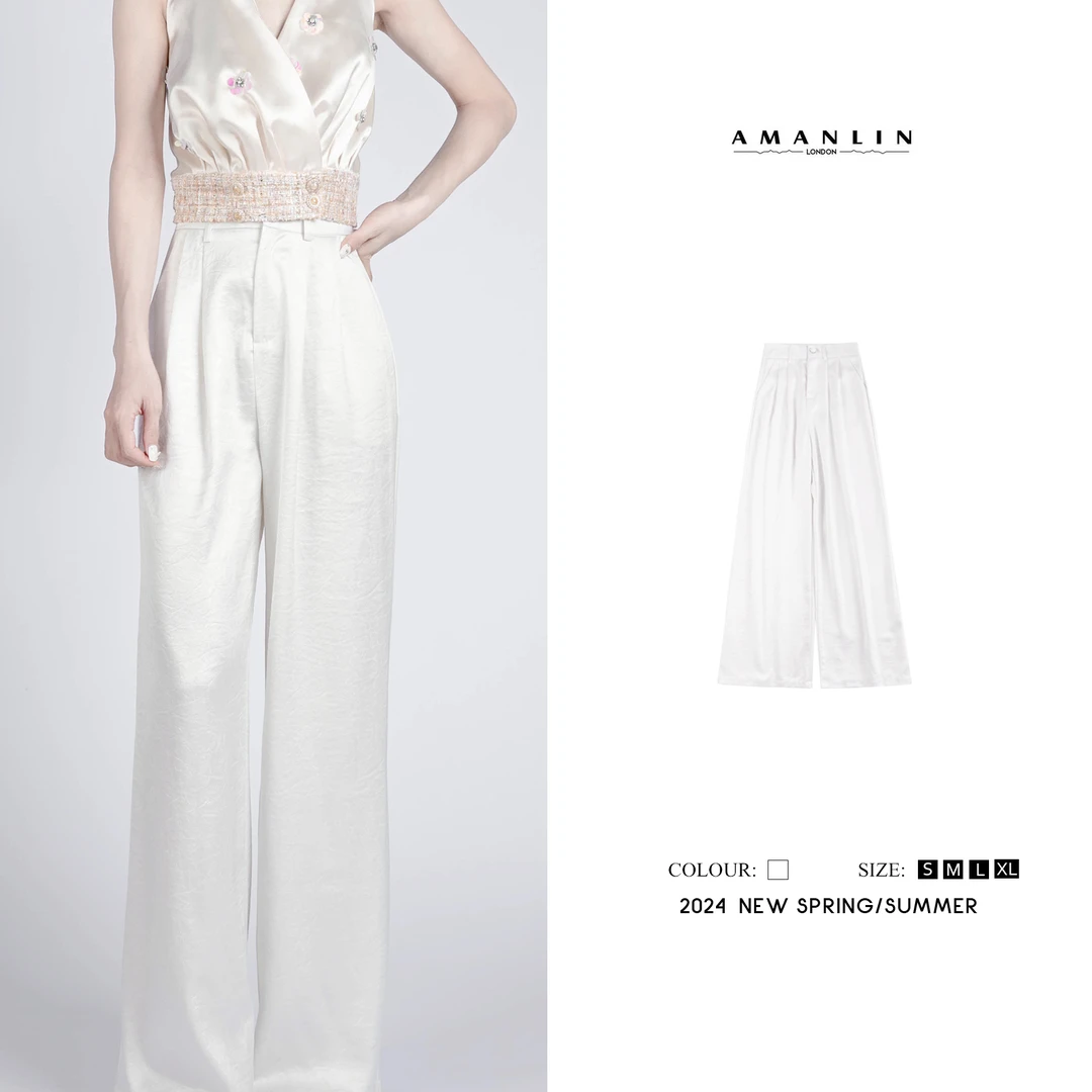 【AMANLIN】夏季新款冰丝欧若风薄款高腰显瘦垂坠感阔腿裤F592256