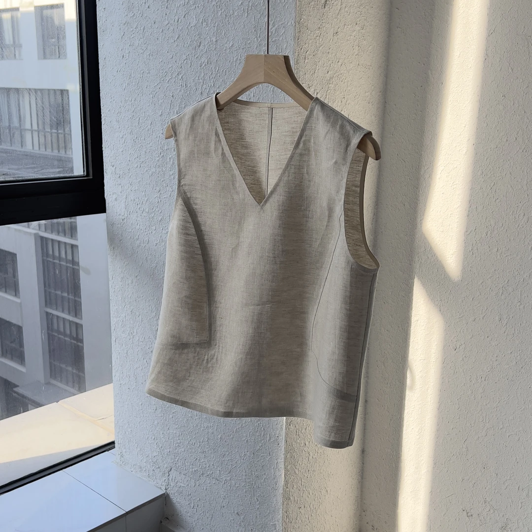 经典老钱 100%亚麻典雅质感V领马甲外套 小背心上衣马夹无袖