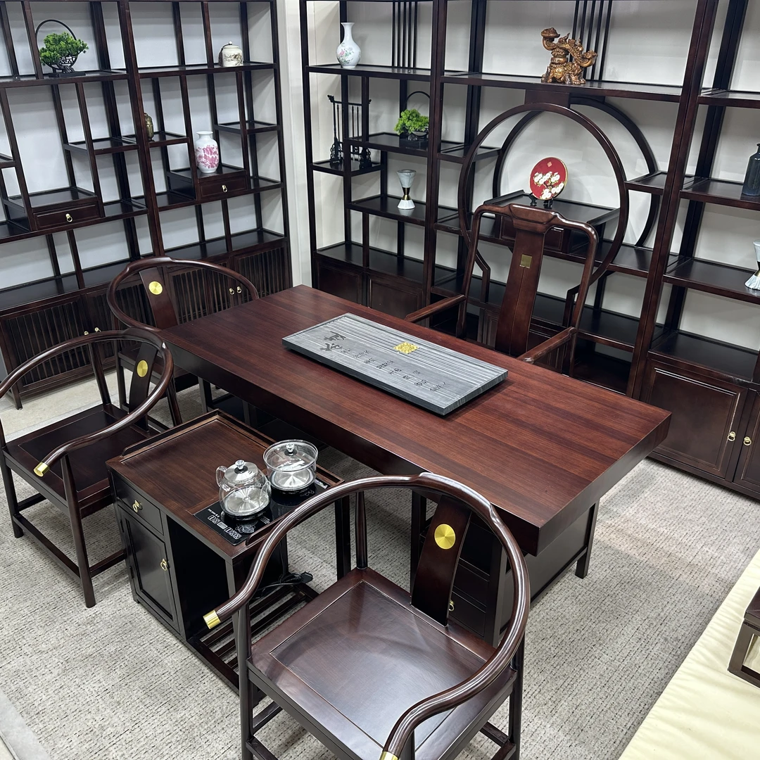 茶台博古架茶桌黑檀色罗汉床一整套罗汉床乌金色茶桌茶台大板实木