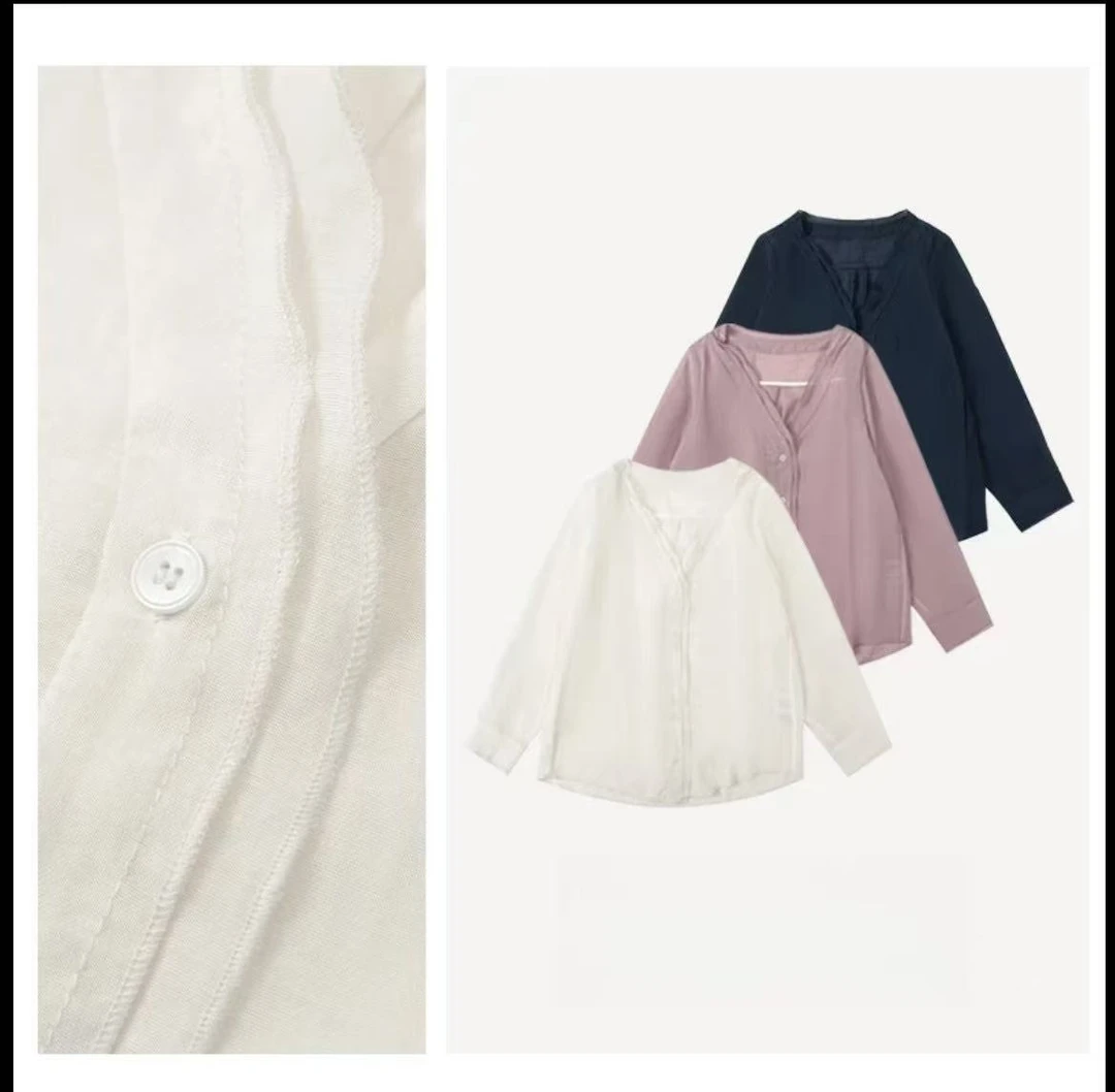 hh 韩系简约夏季新品双层花边V领微透防晒宽松衬衫