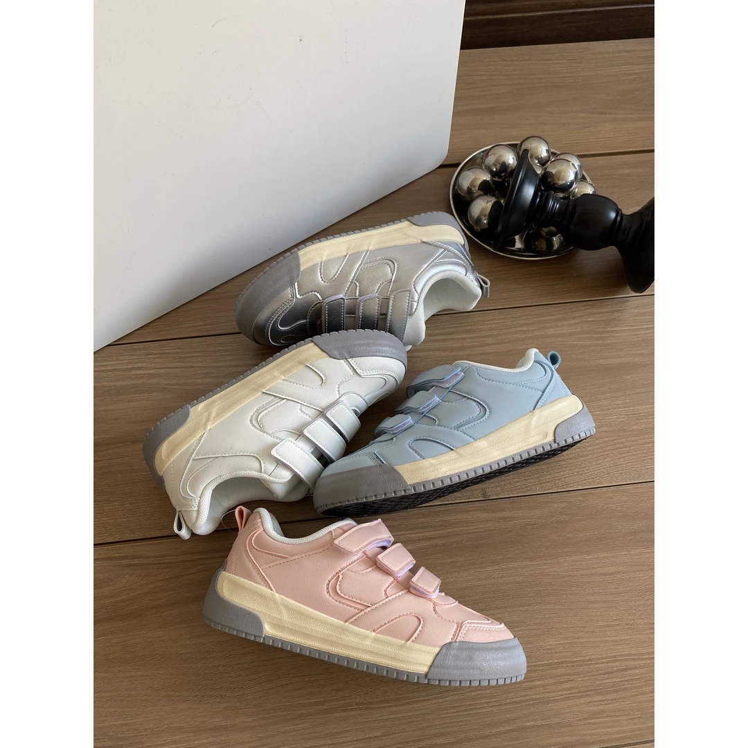 百匡品牌单！乳胶鞋垫！魔术贴厚底德训鞋女懒人一脚蹬银色板鞋