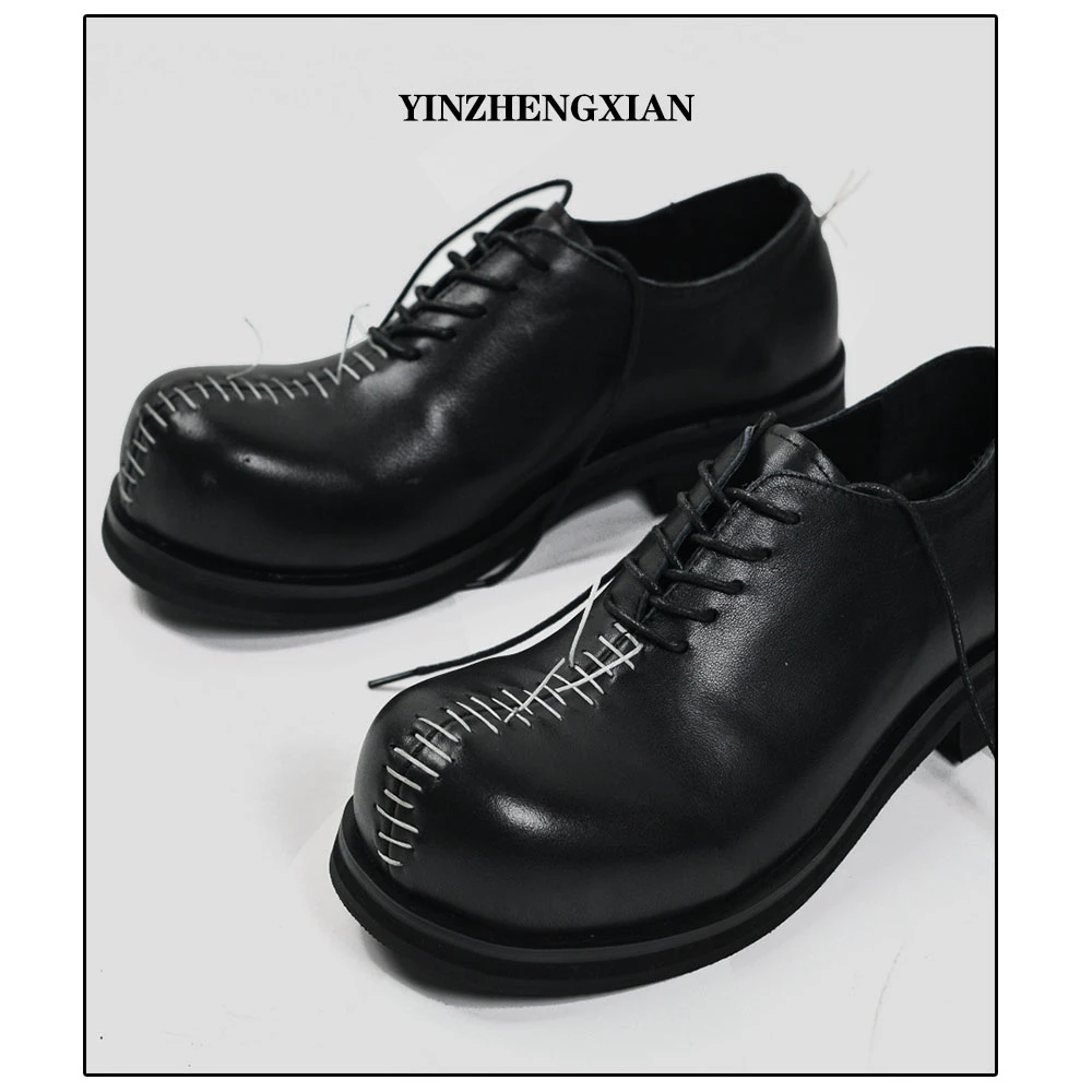 尹政贤厚底圆头黑色休闲鞋百搭正装休闲皮鞋低帮系带纯色复古皮鞋