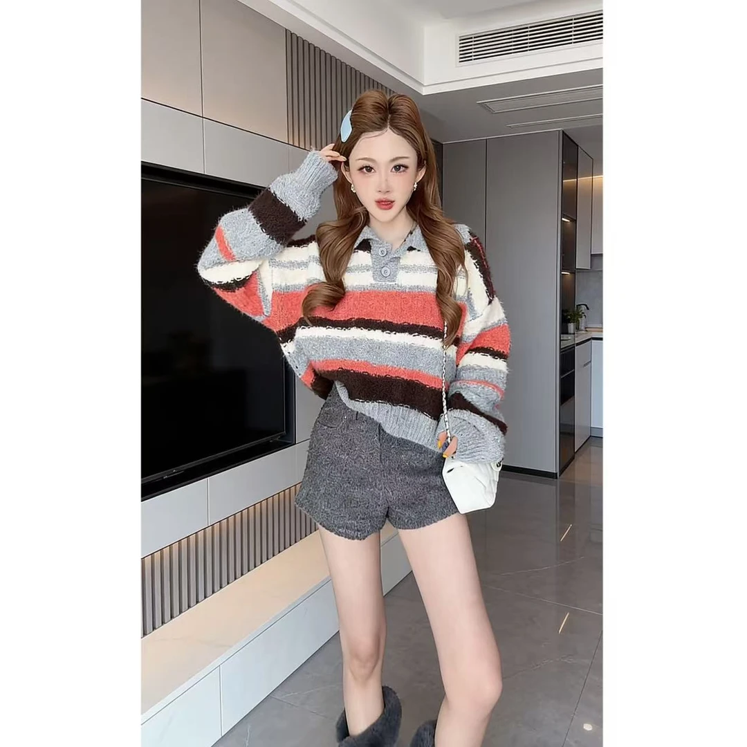 曼曼【彩色条纹】韩系撞色条纹翻领毛衣251207#