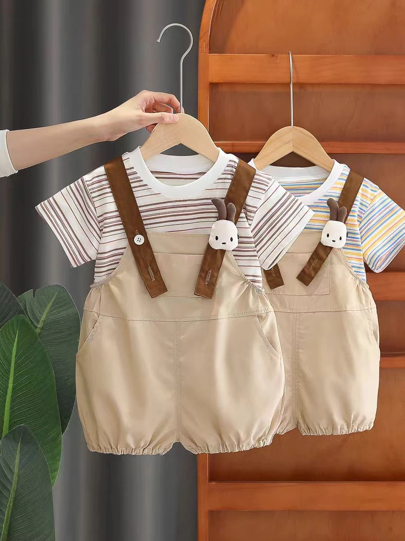 童装男童夏季背带裤套装2025新款韩版女童条纹短袖宝宝洋气衣服潮