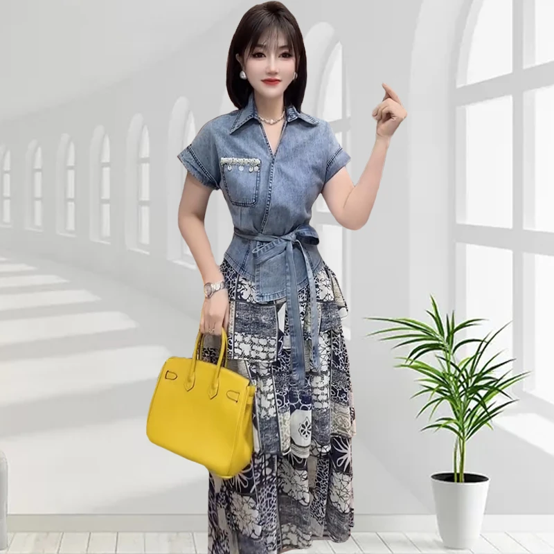 夏季新款时尚洋气复古套装66422气质显瘦短款牛仔短袖上衣+碎花裙