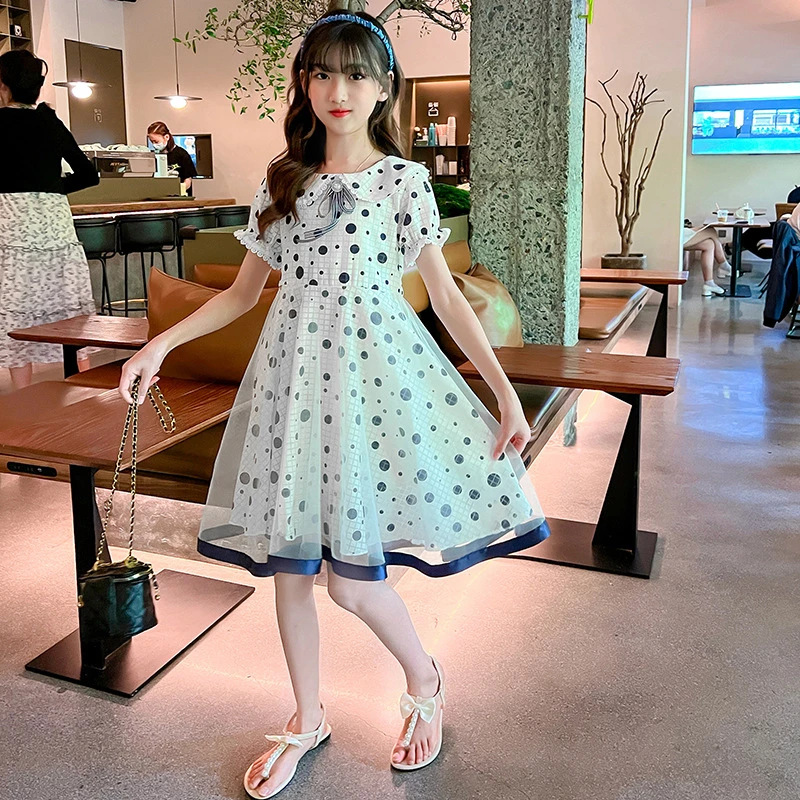2025夏季女童甜美可爱波点连衣裙女孩时尚休闲洋气圆点中长裙子夏