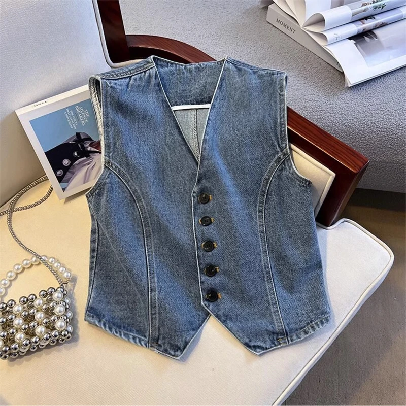 2025女港风复古时尚牛仔马甲女春秋无袖V领气质百搭西装马夹背心