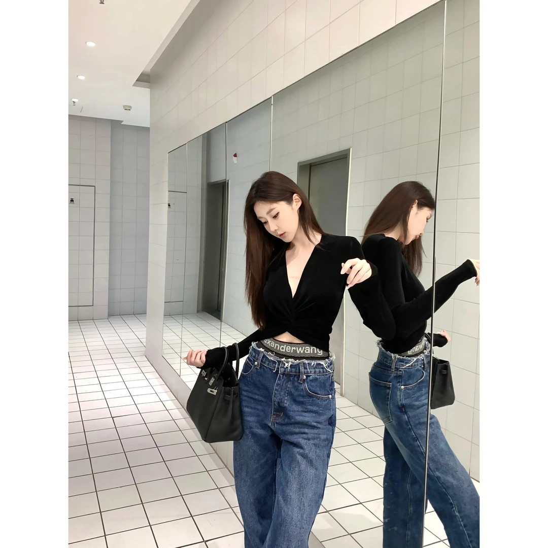 LULU LIMIT【曼妙佳人】黑色醋酸针织弹力扭结上衣性感显瘦