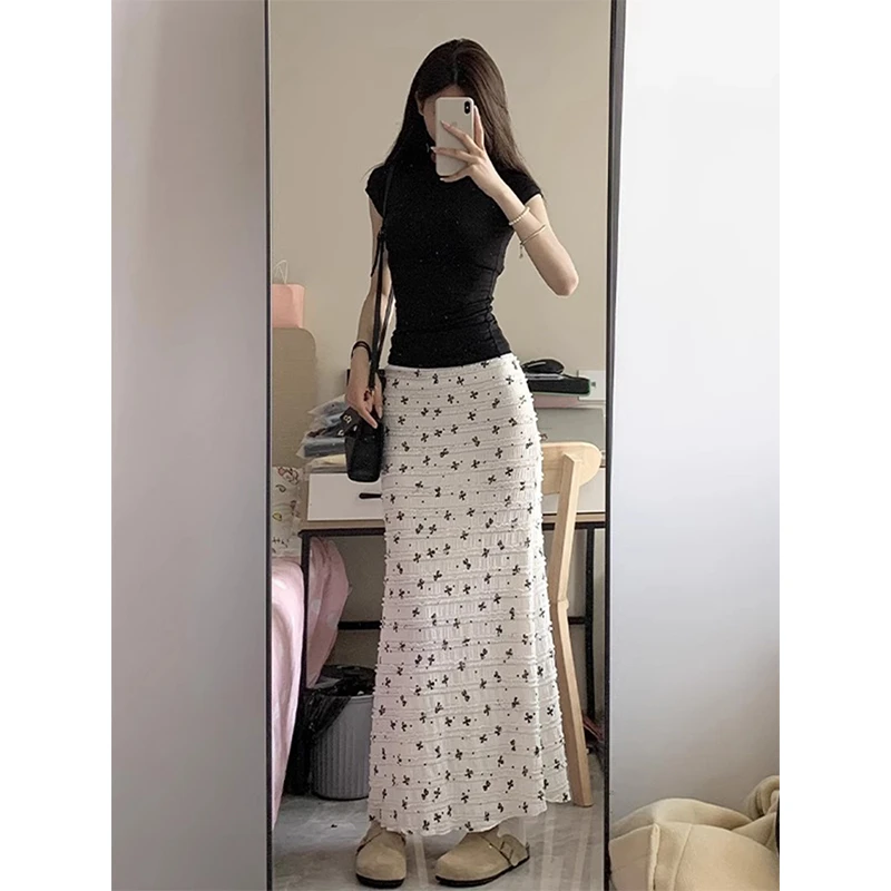 白色步步生莲鱼尾半身裙女夏季蝴蝶结印花蕾丝春夏碎花基础款穿搭