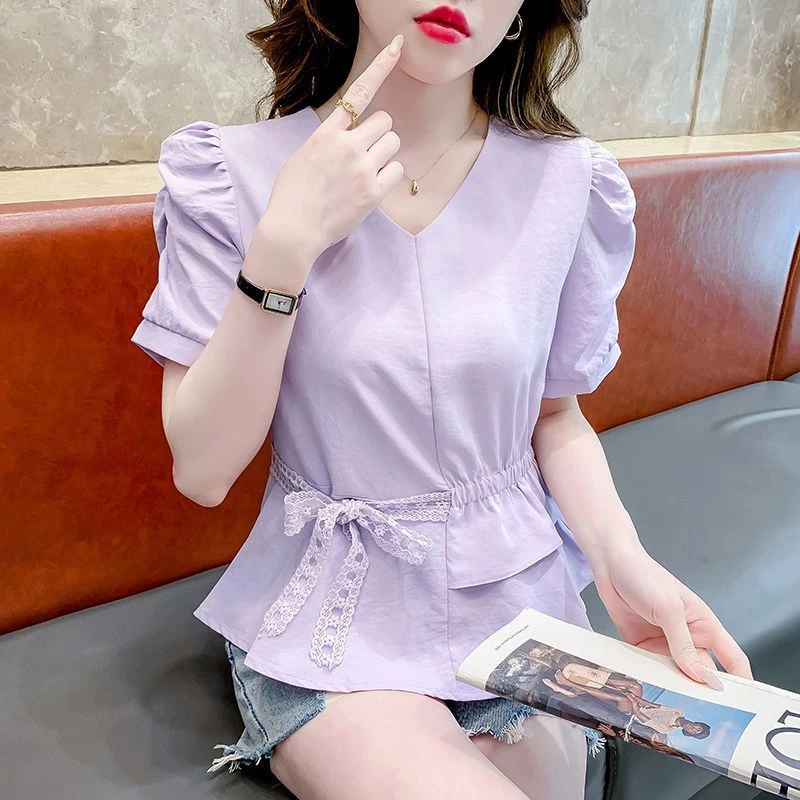 2025夏季新款法式修身洋气衬衫V领上衣蕾丝绑带时尚收腰短袖女装