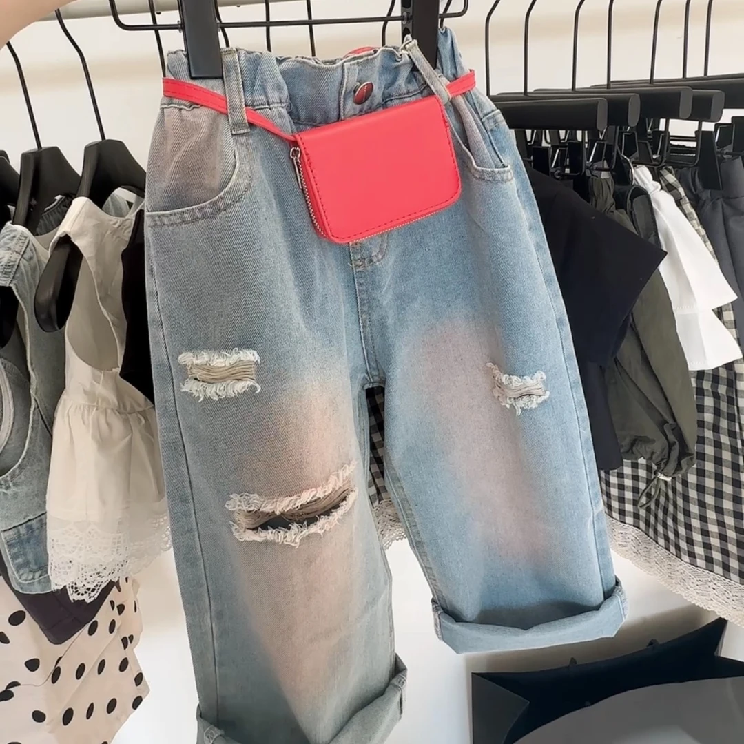 Bmy2025ss 女童夏季新款牛仔裤韩版儿童破铜宽松渐变休闲阔腿裤