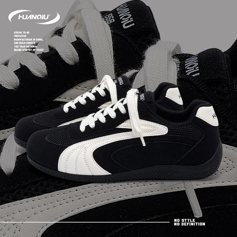 HUANQIU/环球德训黑色网面透气简约百搭板鞋男鞋2025夏季新款休闲