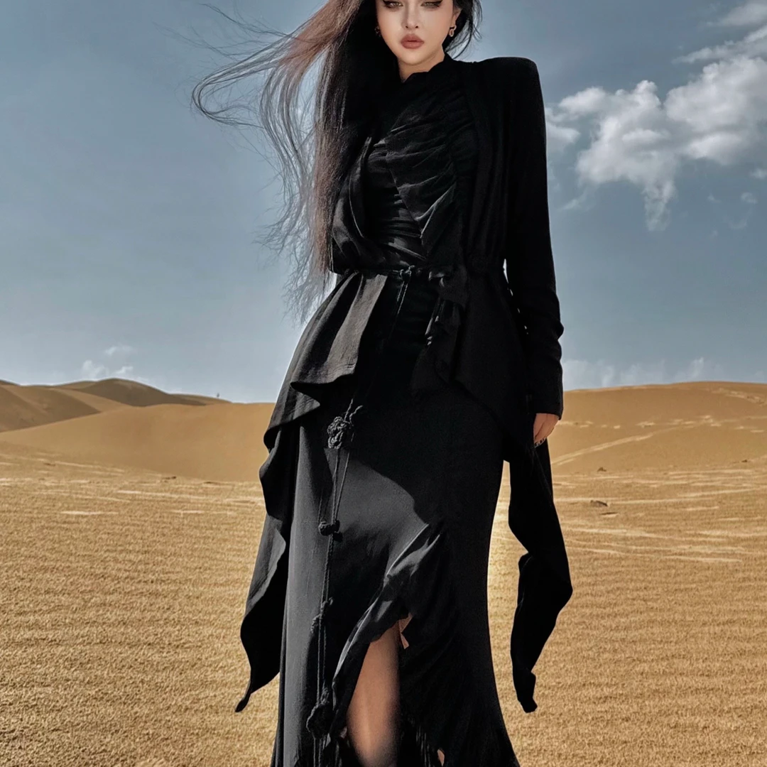 Blackgirl新款【破碎温柔】暗黑风哥特黑网纱荷叶边不规则设计套装