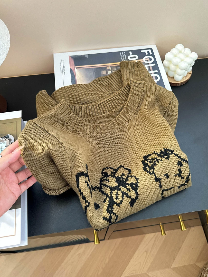 复古咖色兔子提花短袖针织衫女2025秋季新款ins风百搭休闲毛衣潮