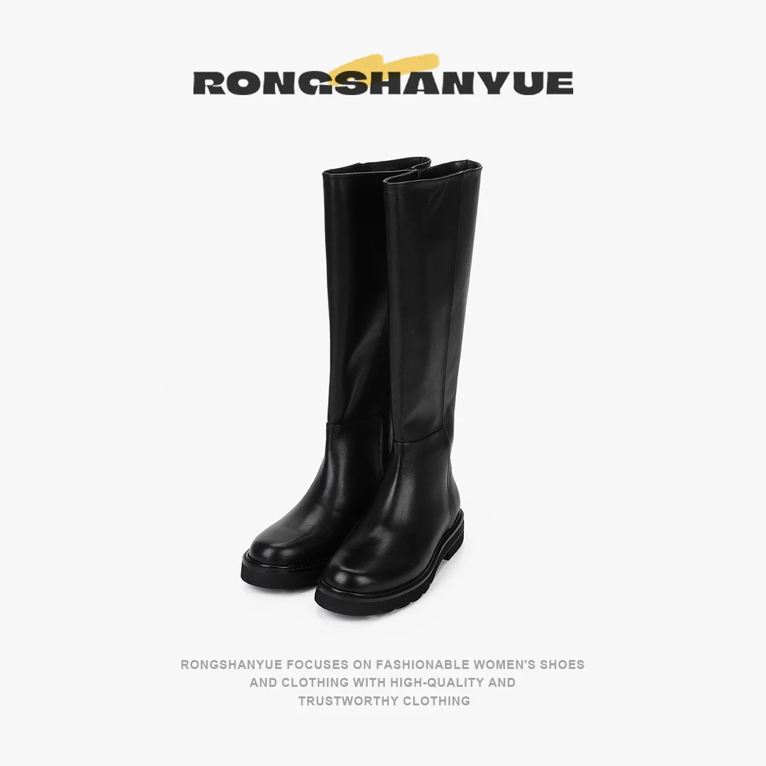 Rongshanyue显瘦高筒靴牛皮机车靴厚底骑士靴女长筒靴子B1136