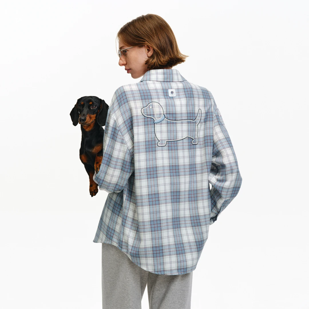 PCLP刺绣小狗格子衬衫国潮牌设计感春秋季宽松休闲格子长袖衬衣
