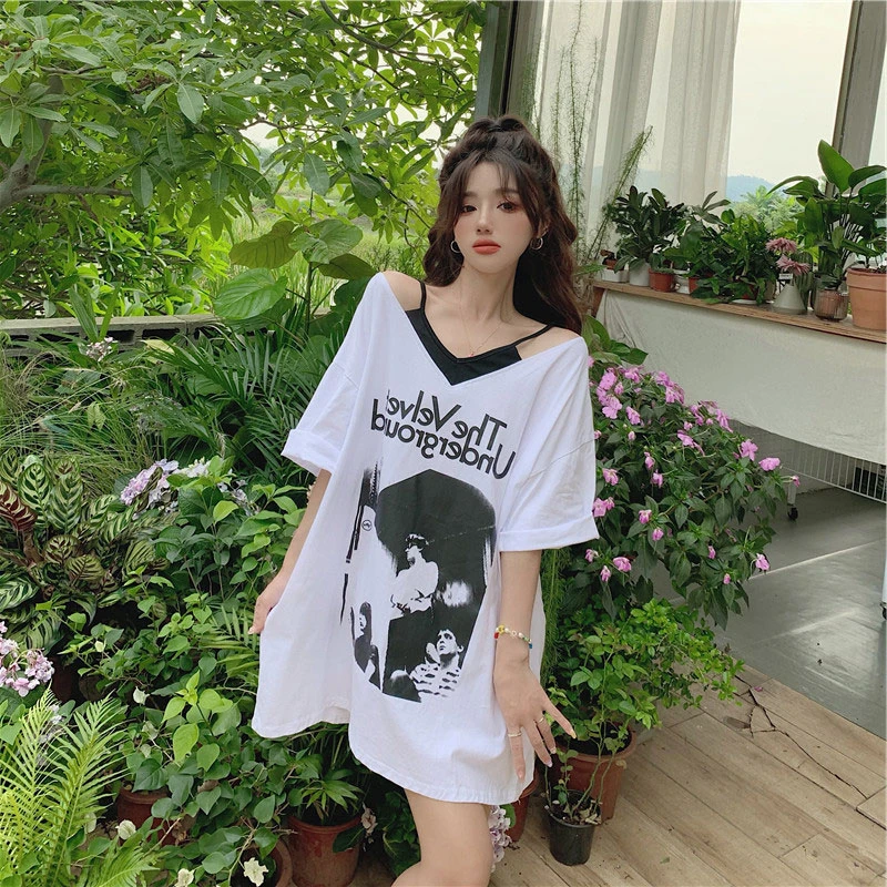 白色V领短袖t恤女2025夏季美式宽松时尚休闲大码设计感中长款上衣