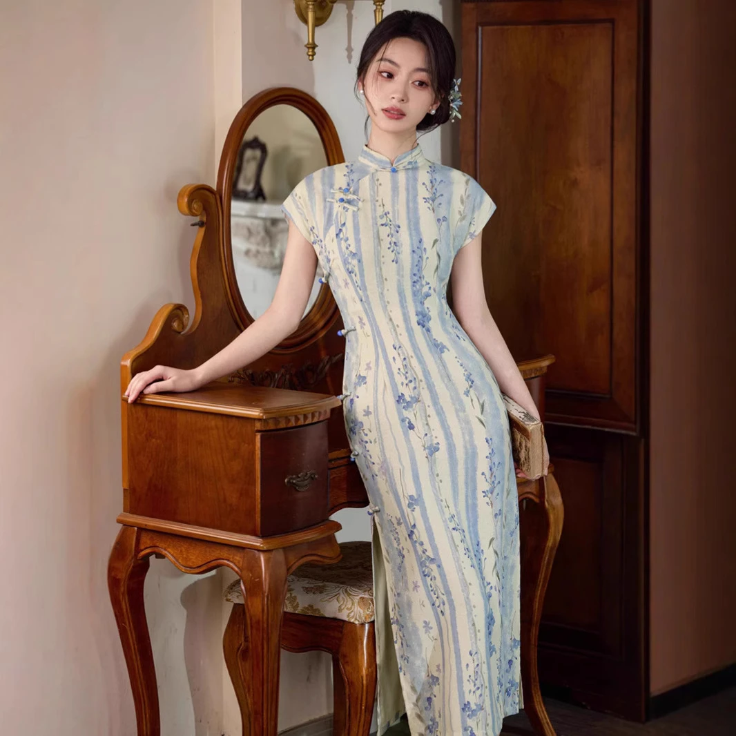 2025春夏新款旗袍紫藤花天竹麻透气侧八扣长款旗袍民国风文艺旗袍