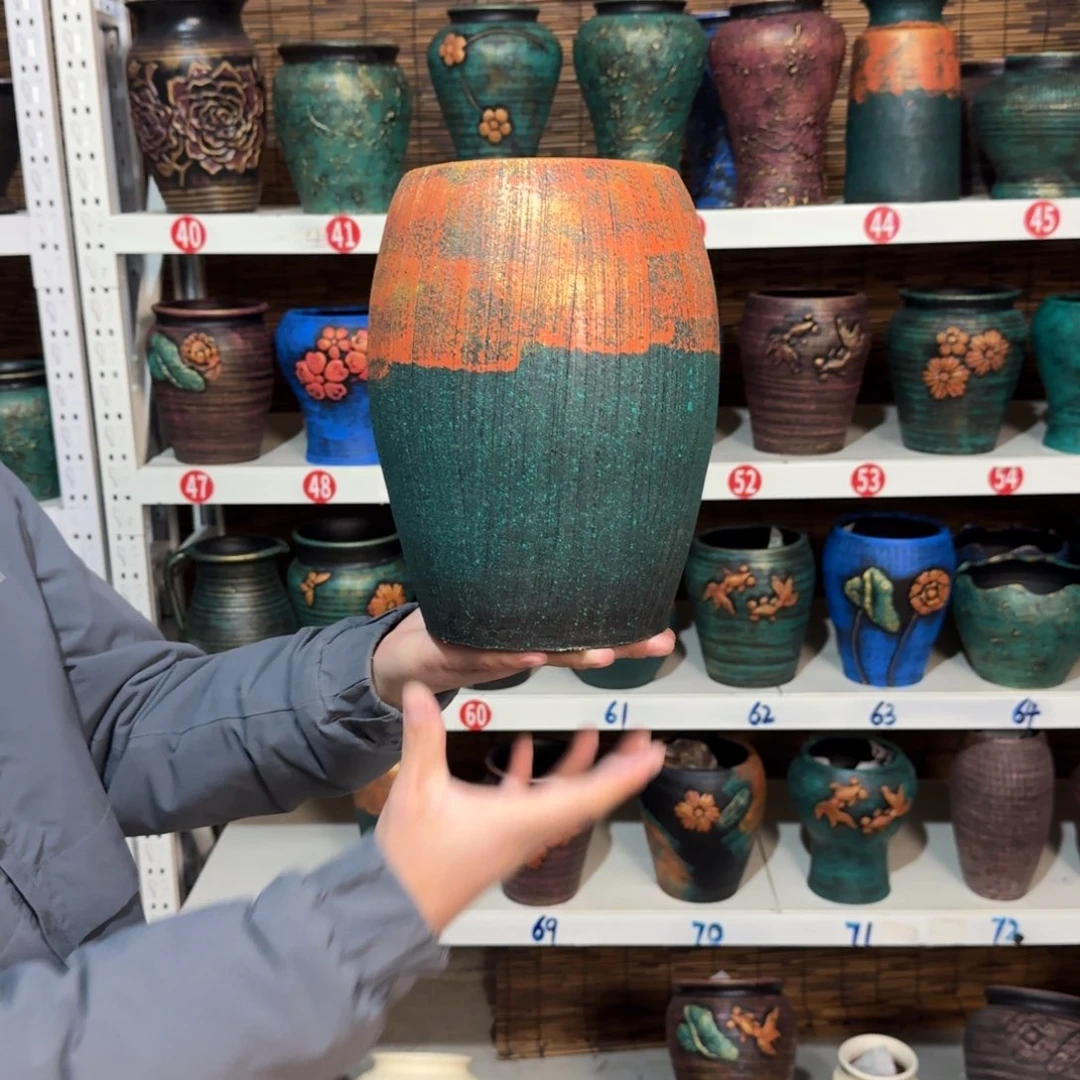 红陶红陶浮雕花盆炸炸炸