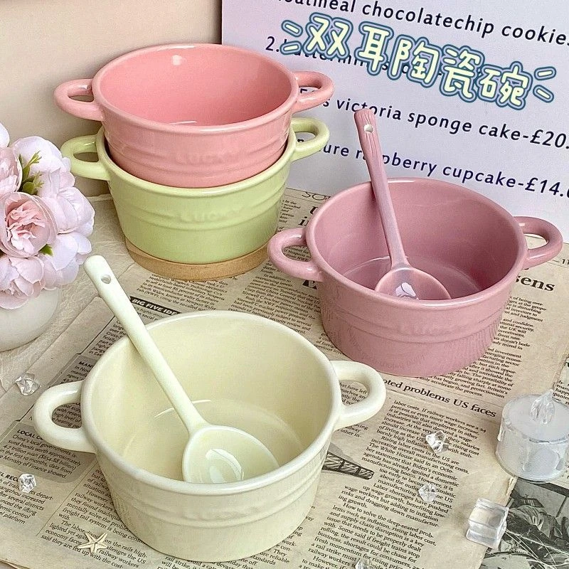新款水果色系小汤锅高颜值陶瓷家用双耳碗套装布丁碗蛋糕碗甜品碗