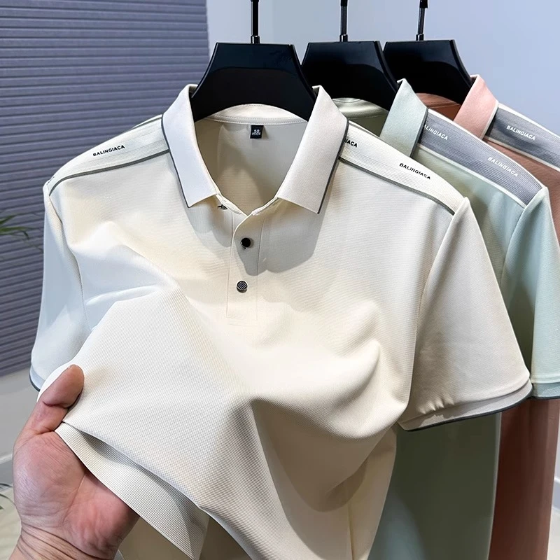 夏季冰丝透气短袖t恤男潮牌男装休闲翻领polo衫带领开衩潮流上衣