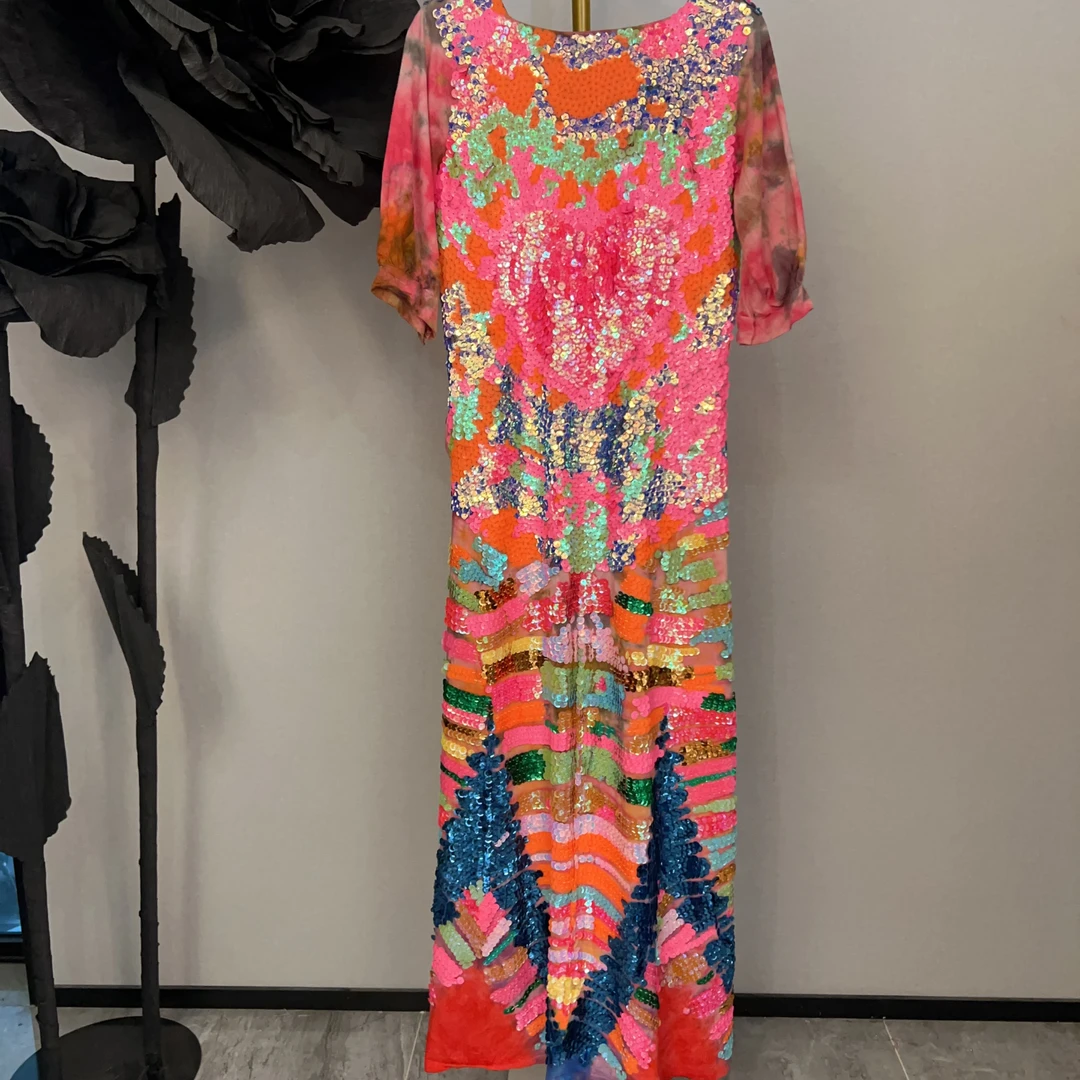 RR2034锐宝潮牌手工重工设计师亮片扎染渐变宽松碎花气质连衣裙