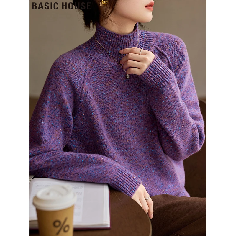 Basic House/百家好绝绝紫慵懒风羊毛针织打底衫高领毛衣女装秋冬