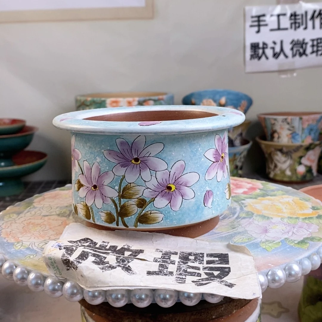 紫砂花盆红陶手绘花盆