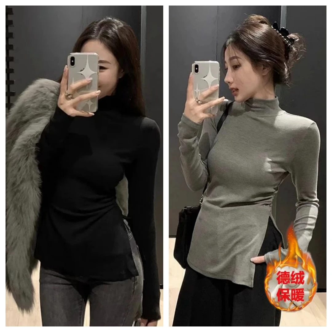 【双面德绒】秋冬新款长袖T恤女百搭修身开叉半高领打底衫S11439
