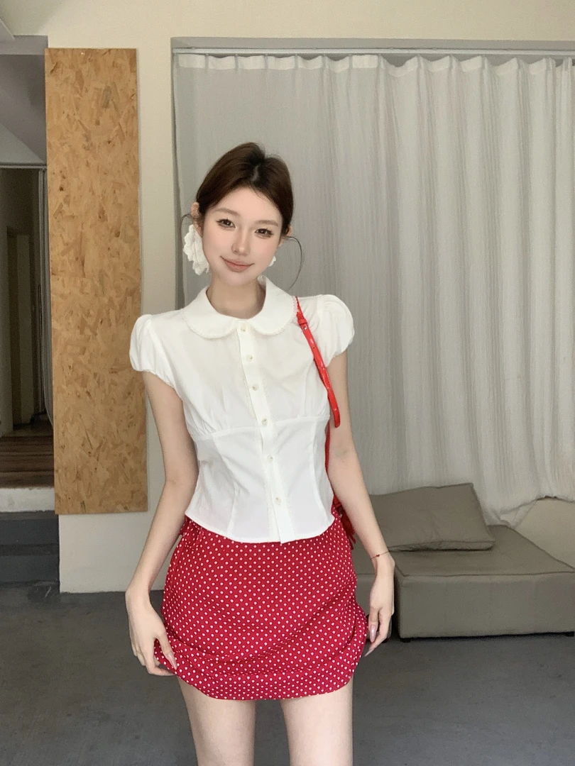 法式娃娃领短袖衬衫夏季慵懒设计感收腰修身白色短款泡泡袖上衣女