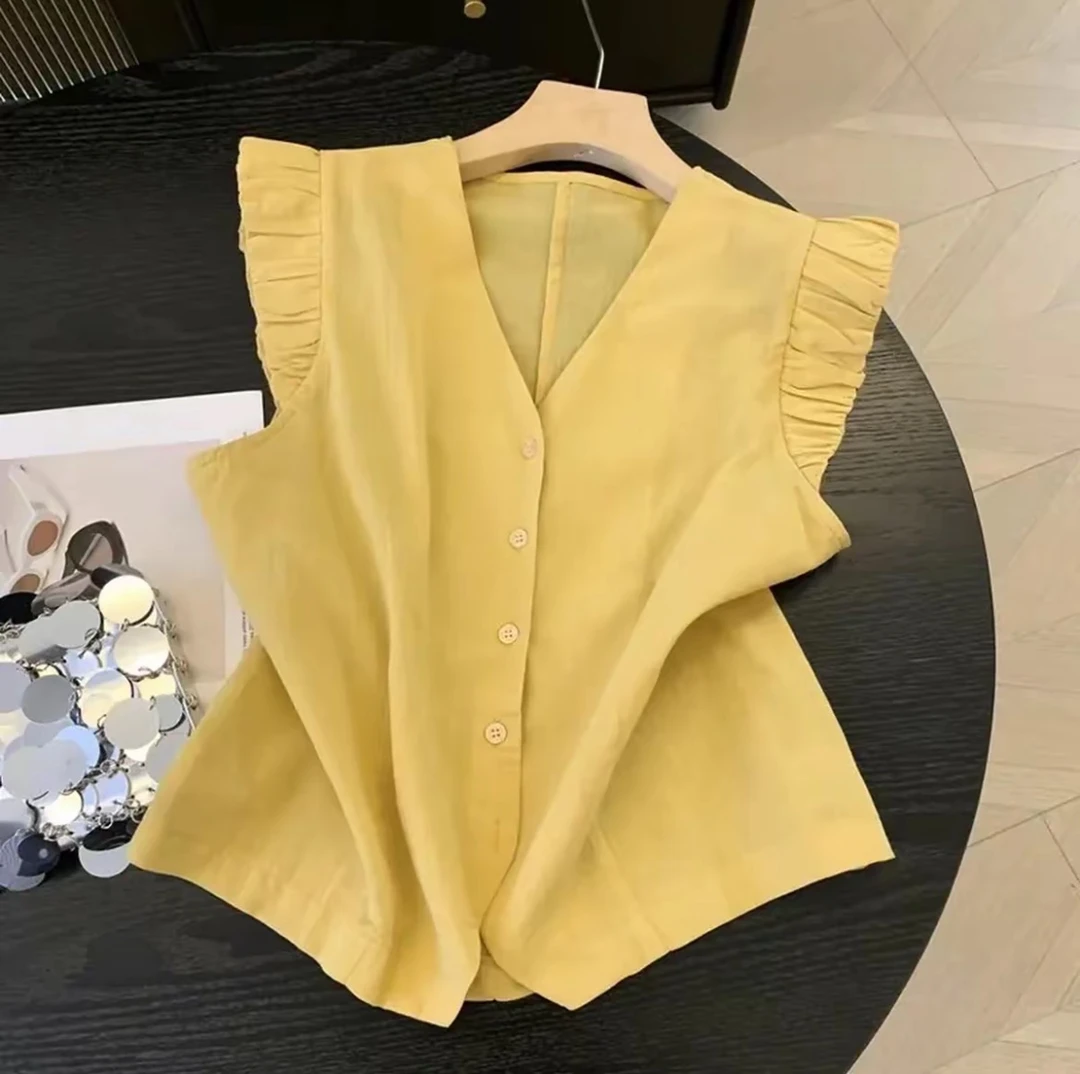 无袖衬衫女上衣飞飞袖宽松韩系衬衫夏季韩版衬衣荷叶边小衫女8200