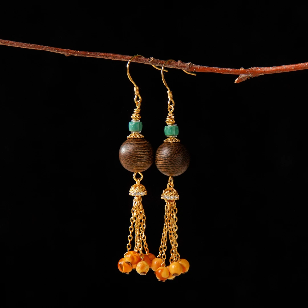 沉香柬埔寨菩萨棋DIY蜜蜡925银耳钩CJD0008