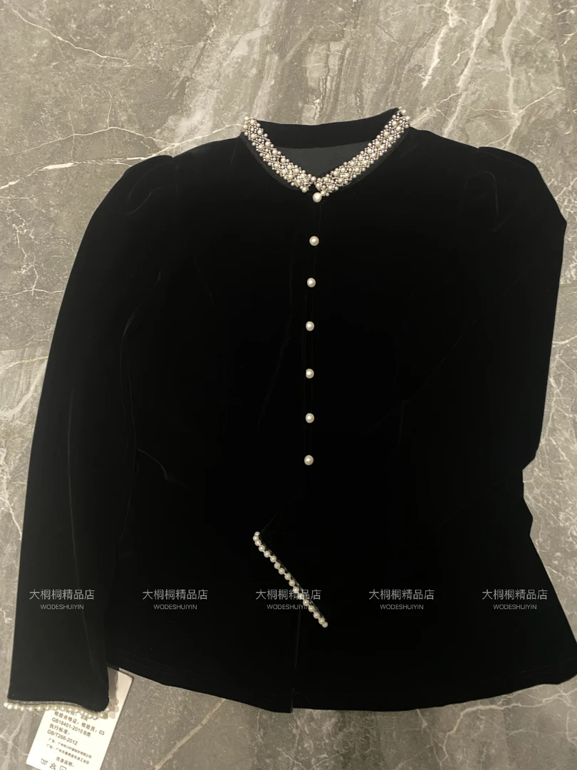 2025新长袖钉珠常规冬季衬衫秋冬女士百搭黑色外套衬衣小香风休闲