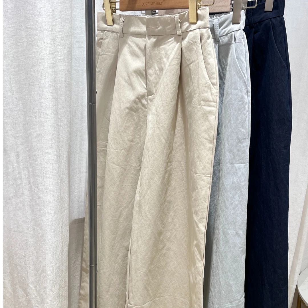 新款韩版宽松高腰设计拼接花边减龄休闲百搭阔腿长裤女8687