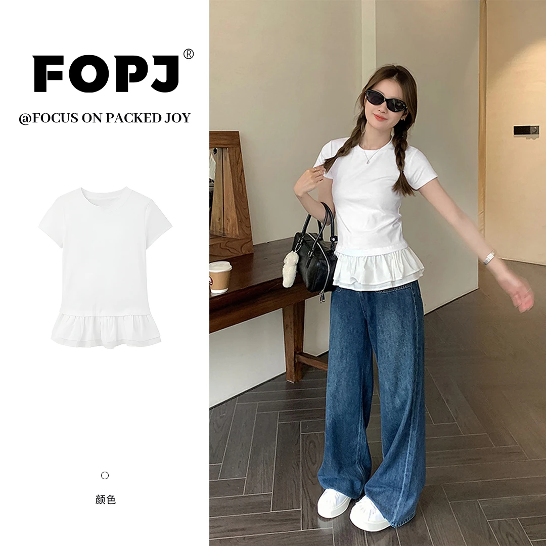 FOPJ夏季新款千金学院风花边拼接短袖t恤女修身显瘦圆领气质上衣