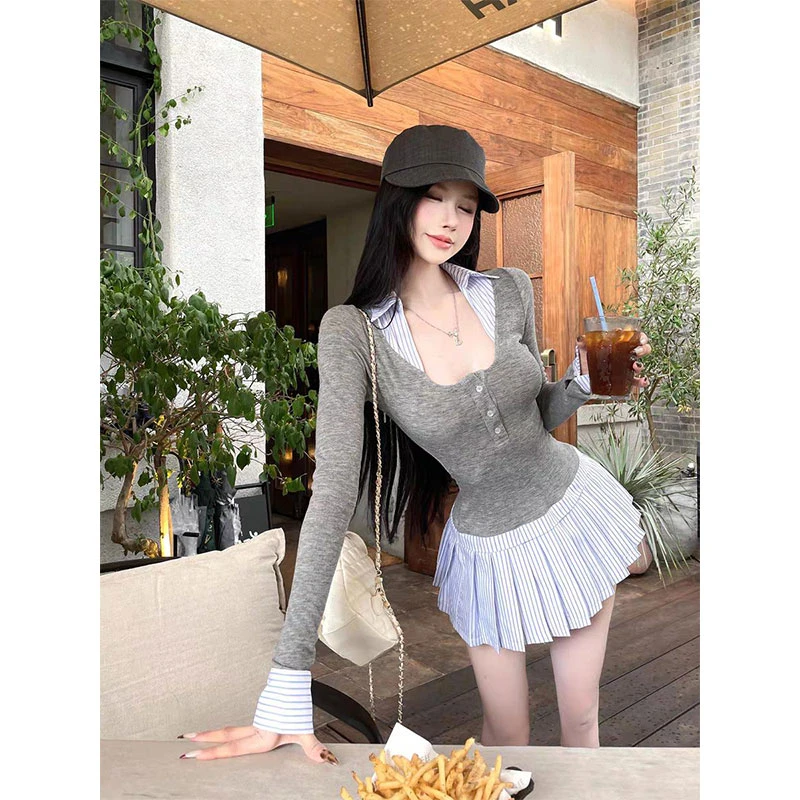 2025秋季新款美式辣妹纯欲风假两件条纹拼接长袖连衣裙包臂百褶裙