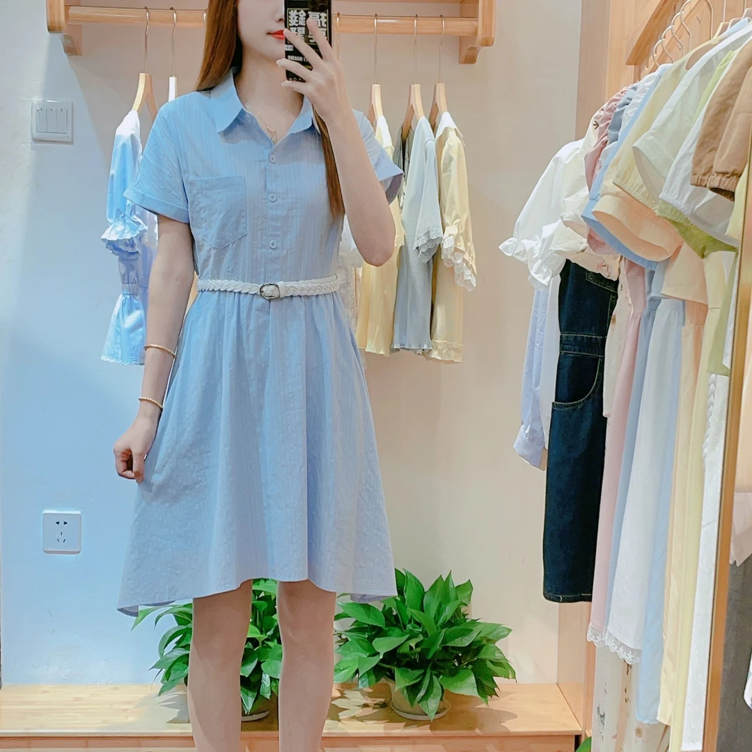 来米家 夏季新款时尚简约纯色方领短袖显瘦连衣裙