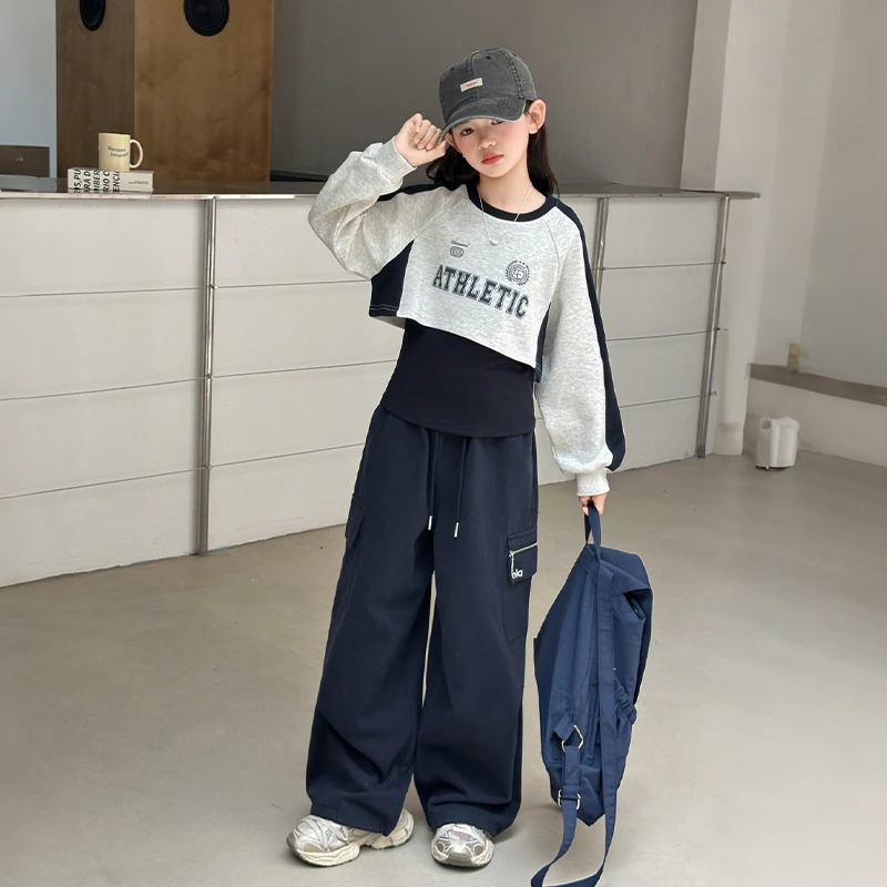 女童套装秋装2025新款大童洋气休闲运动时尚儿童卫衣工装裤三件套