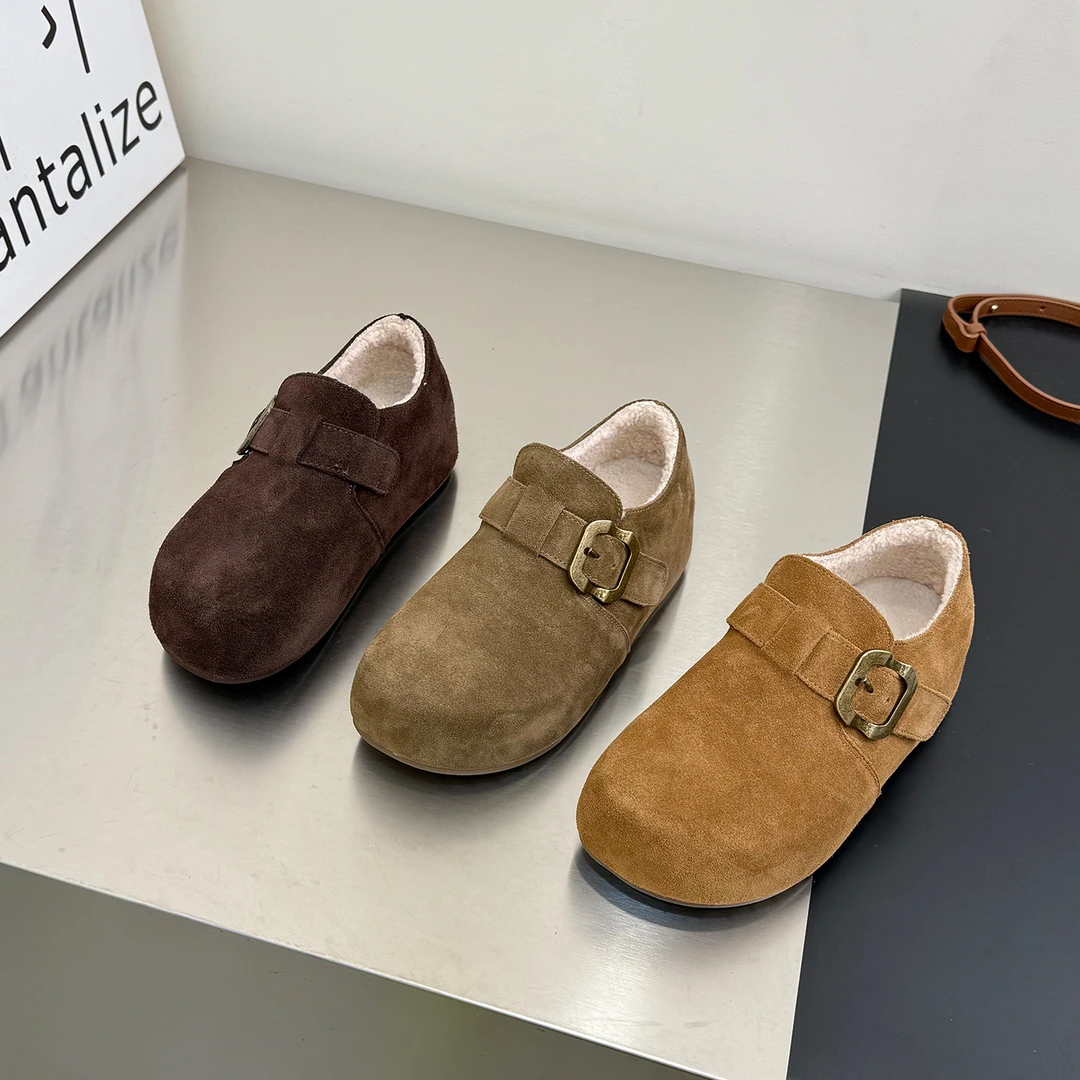 5CM复古磨砂皮加绒勃肯鞋女2025新款透气休闲鞋一脚蹬毛毛棉鞋女