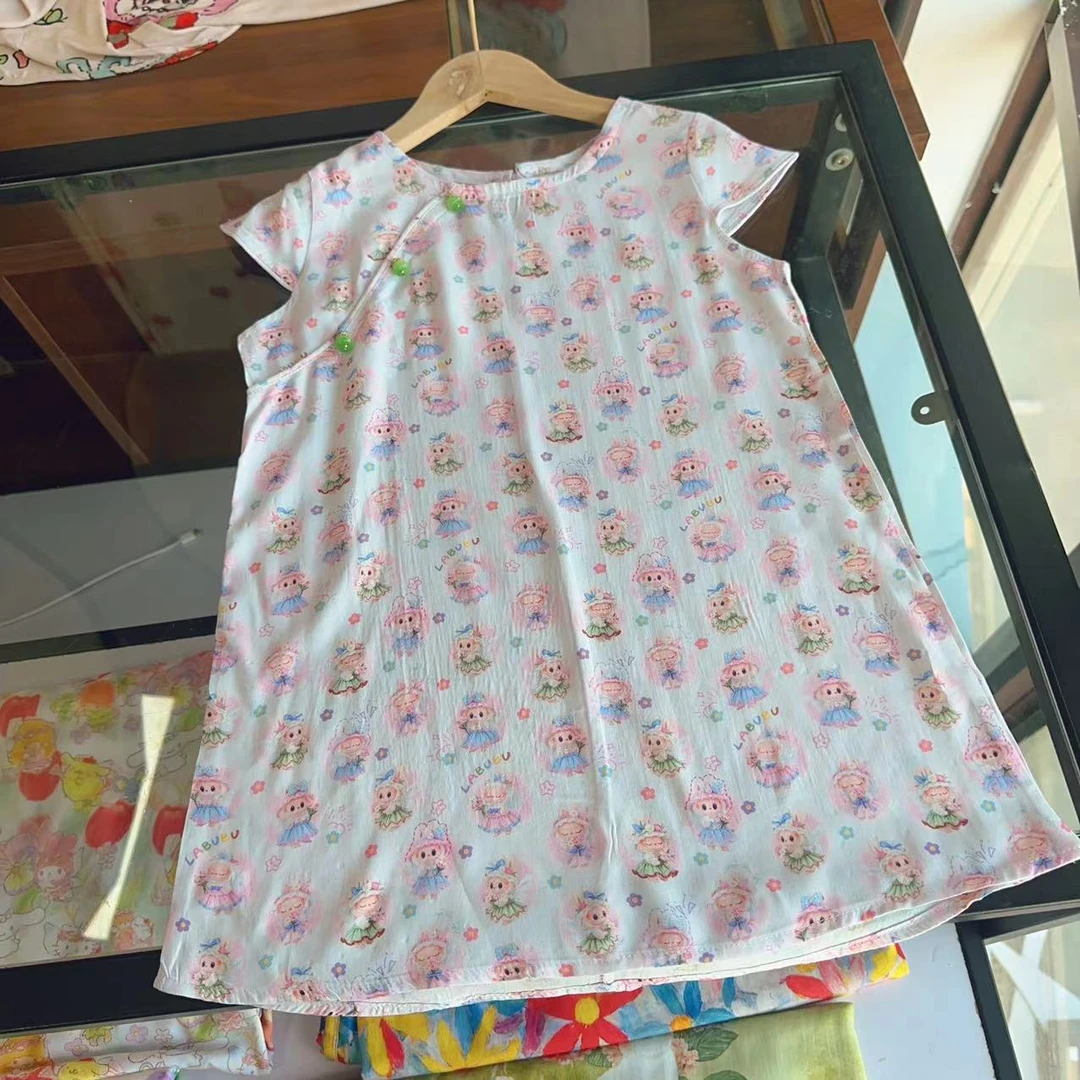 白色拉布圆领国风棉绸旗袍2025夏季国风女童长款印新中式旗袍