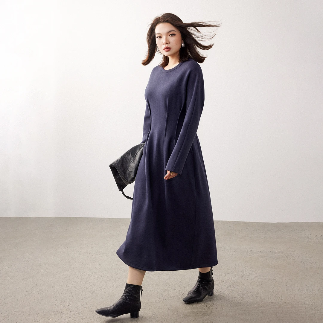 PLUSMALL 暮蓝曲线 龙骨收腰显瘦圆领弹力针织连衣裙PLUS2512019