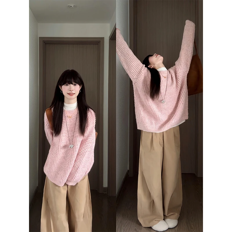 2025新款女士秋冬季慵懒风宽松休闲显瘦长袖针织衫上衣高腰阔腿裤
