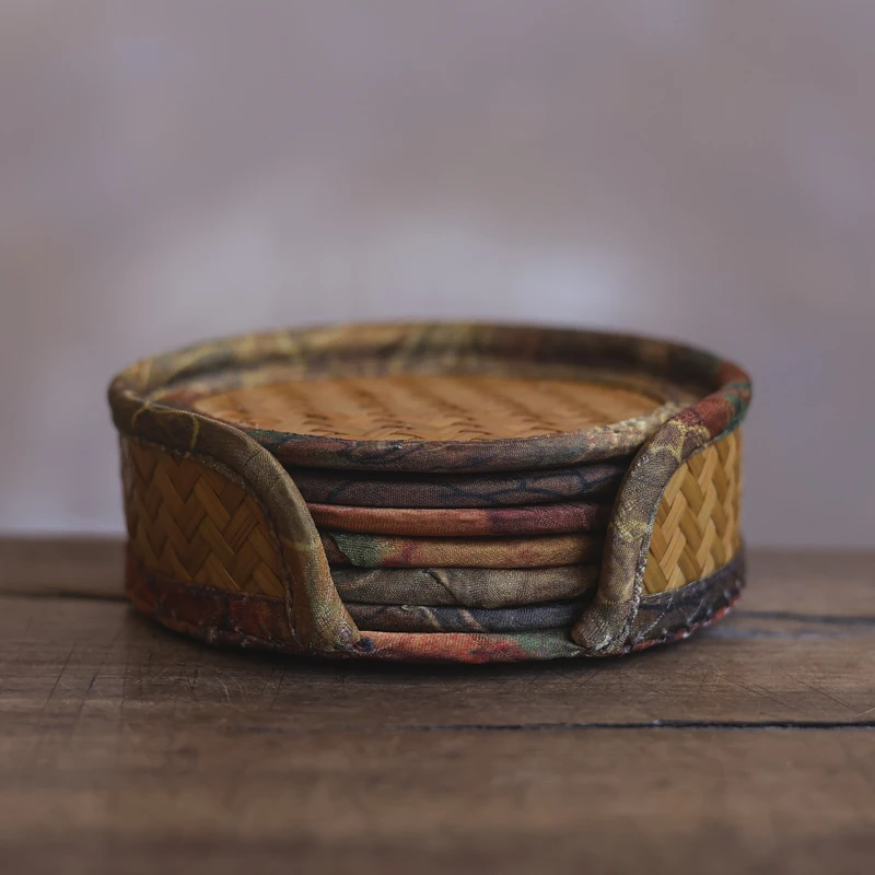 【直播专属】缎面印花竹席祥云圆形杯垫套装家室用茶道茶配 （DM66）