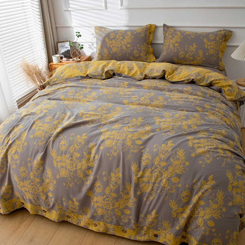 【灰黄玫瑰】四件套-A类全棉双层纱色织提花轻奢柔软亲肤四件套